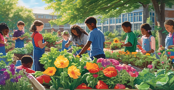 A lively school garden where students are actively engaged in gardening, surrounded by various plants and flowers under a sunny sky.