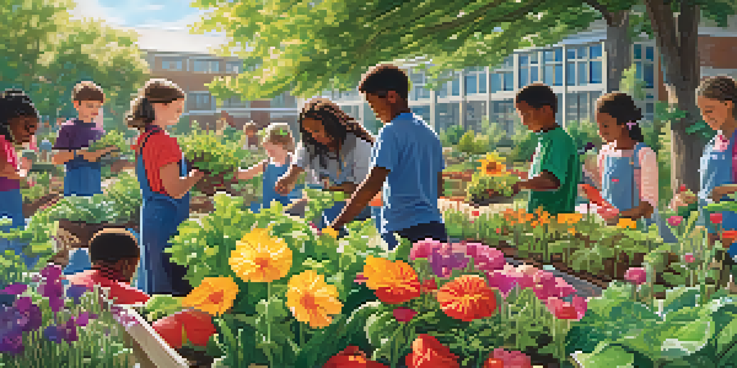 A lively school garden where students are actively engaged in gardening, surrounded by various plants and flowers under a sunny sky.