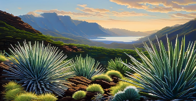 A high-altitude landscape featuring the Hawaiian silversword plant amidst mountains and clear skies, showcasing vibrant greens and rocky peaks.