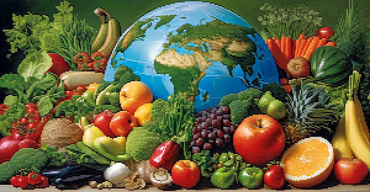 A globe surrounded by colorful plant-based foods like fruits and vegetables, with greenery symbolizing sustainability, illuminated by warm lighting.