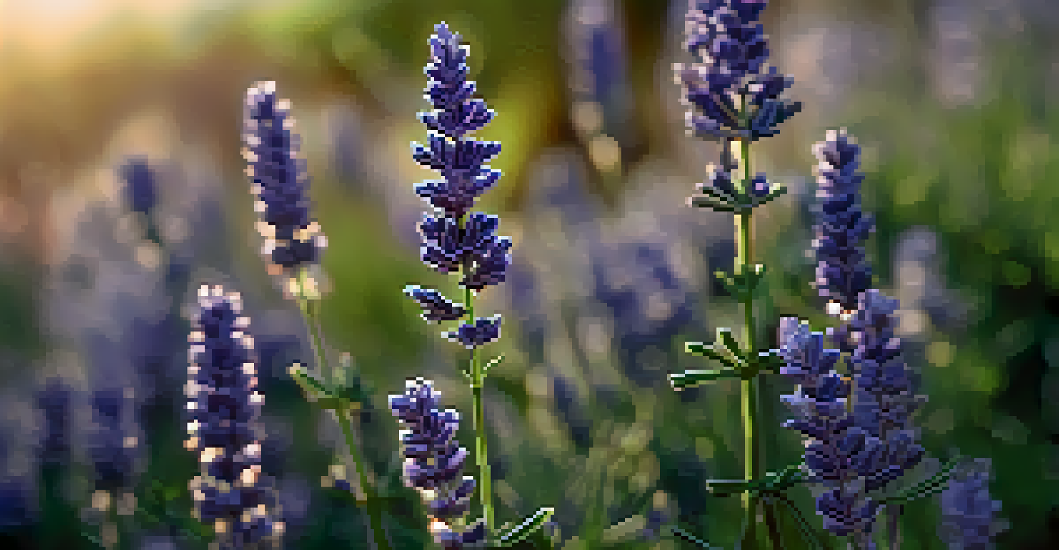 Close-up of blooming lavender with detailed flowers and leaves, illuminated by soft sunlight.