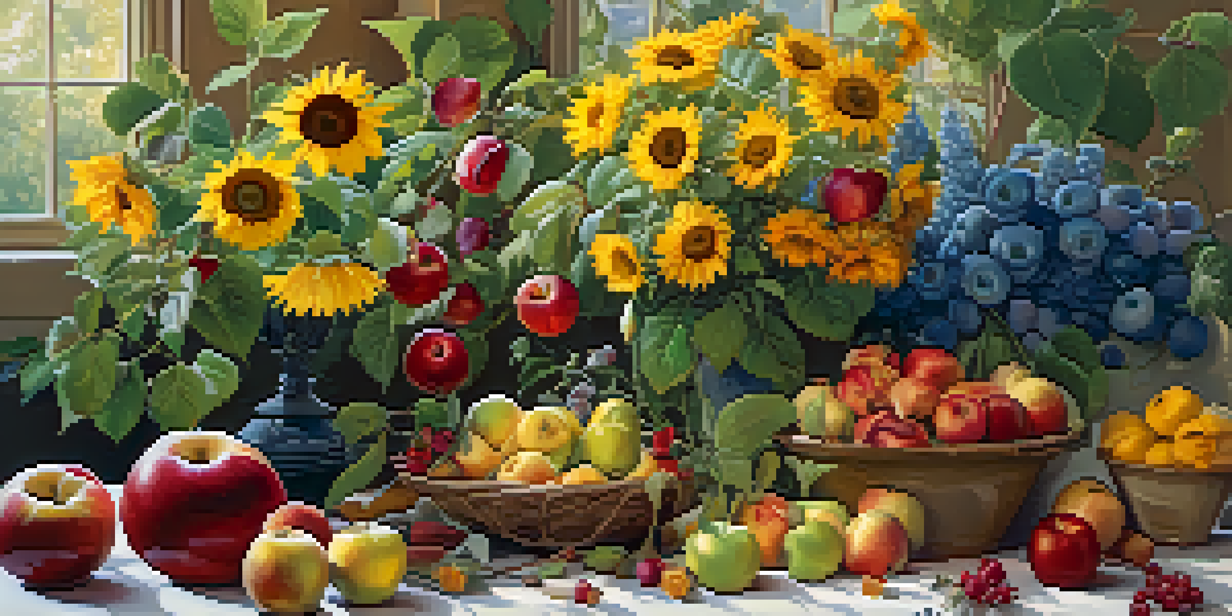 A diverse arrangement of plants including roses and apples in a natural setting.