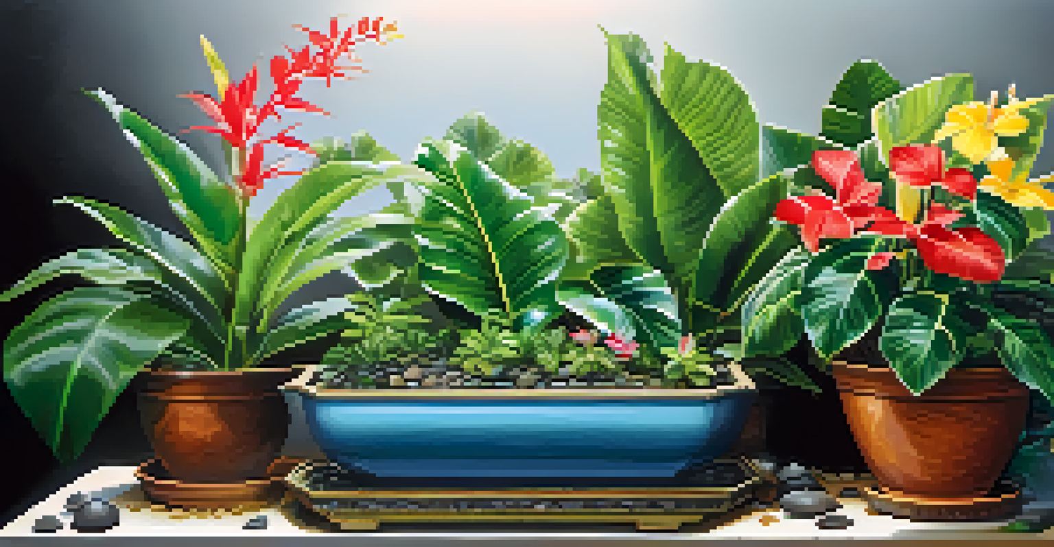 An arrangement of tropical plants set in a humid environment with a water tray beneath, showcasing droplets on the leaves and mist in the air.