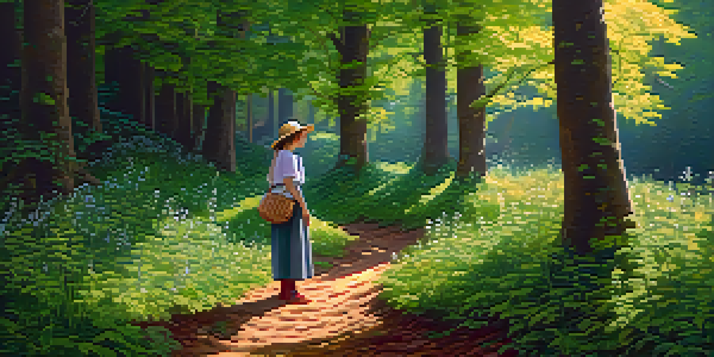 A person foraging in a lush woodland, collecting medicinal plants like nettles, with a wicker basket and sunlight filtering through the trees.