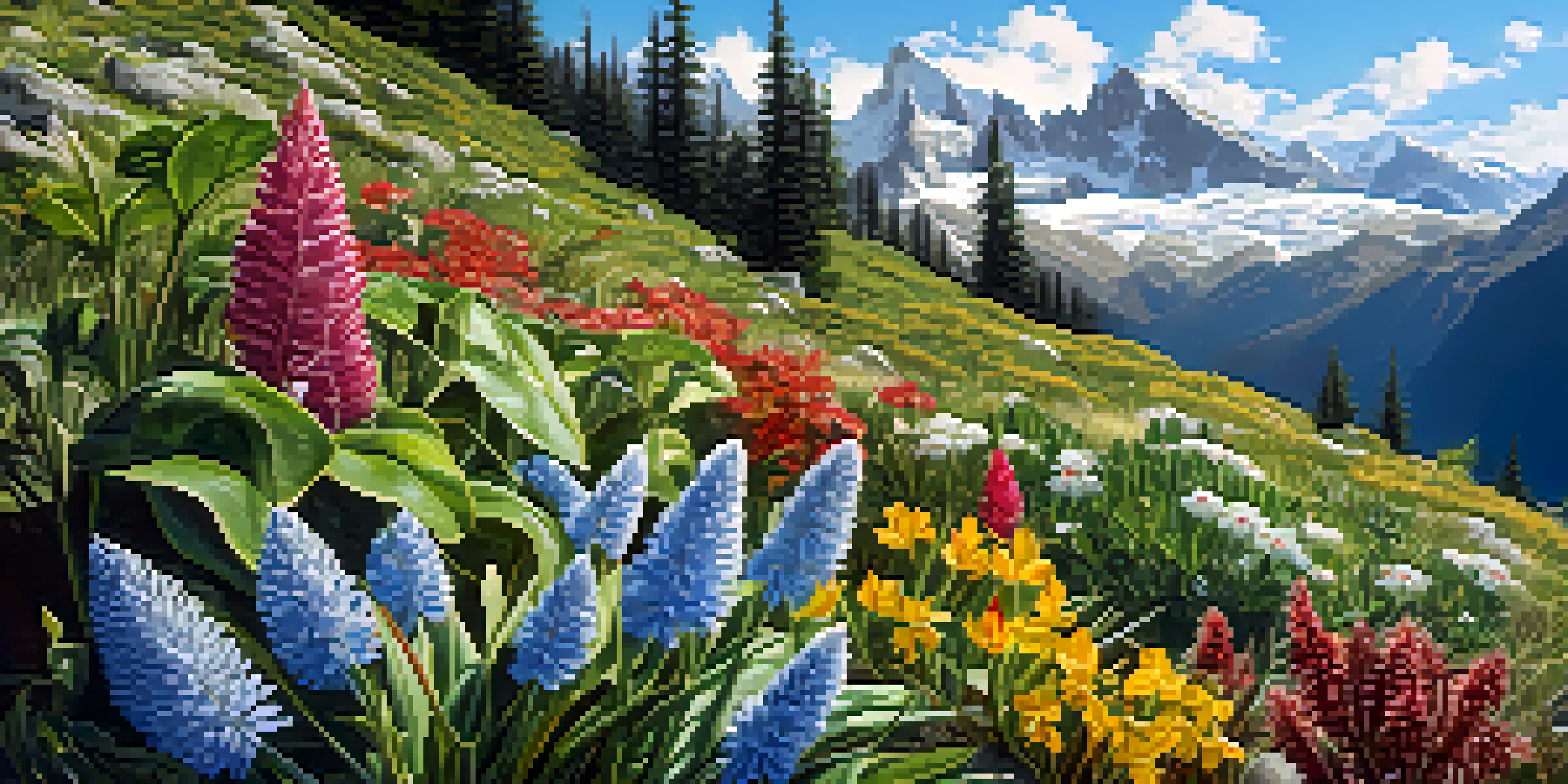 A colorful alpine landscape with diverse flowering plants in the foreground and snow-capped mountains in the background under a clear blue sky.