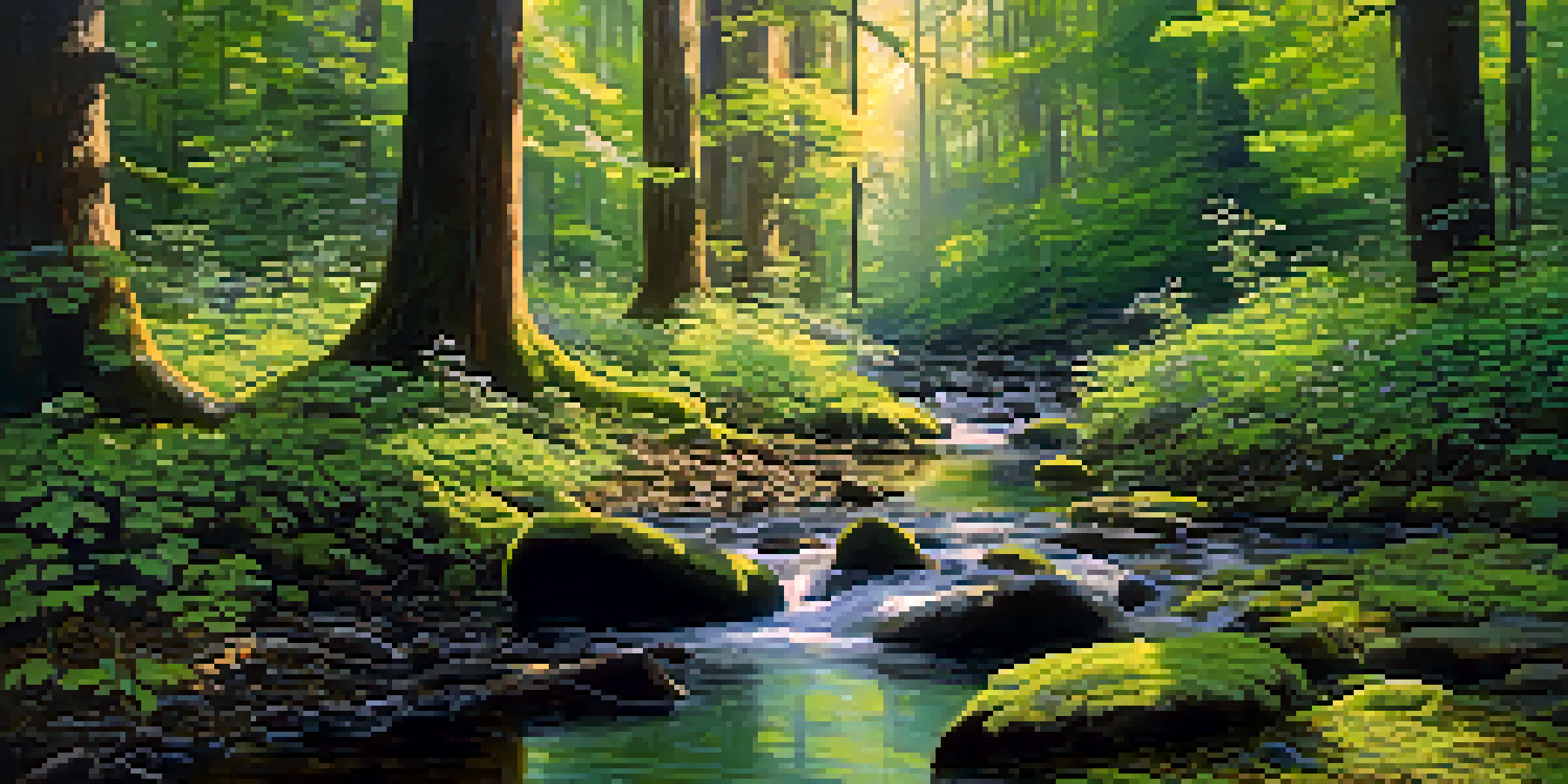 A vibrant forest with tall trees, sunlight filtering through the leaves, and a stream flowing through a mossy floor.