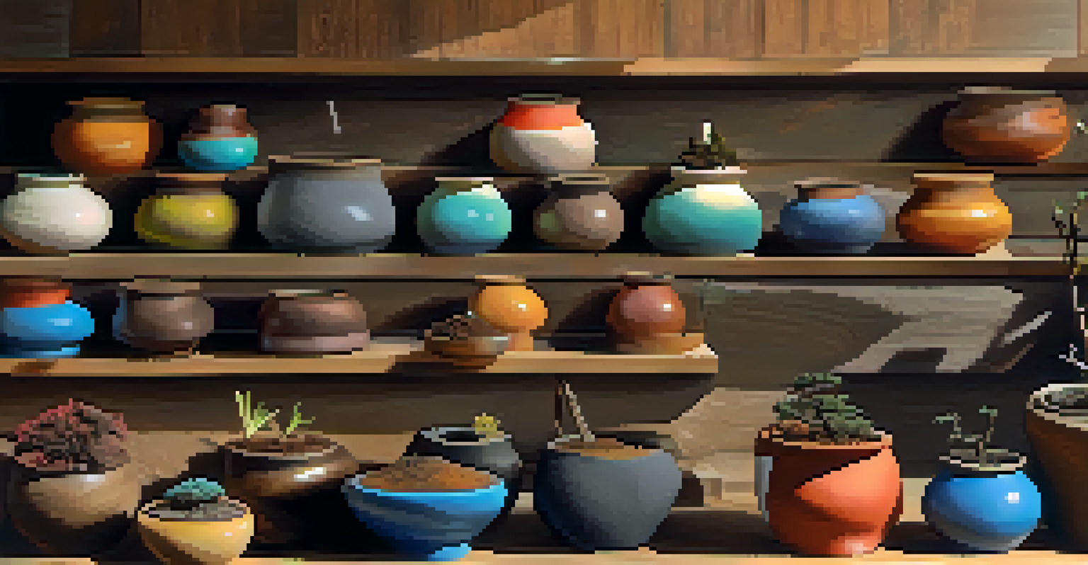 A colorful display of bonsai pots filled with vibrant soil mixes, arranged artistically on a wooden surface.