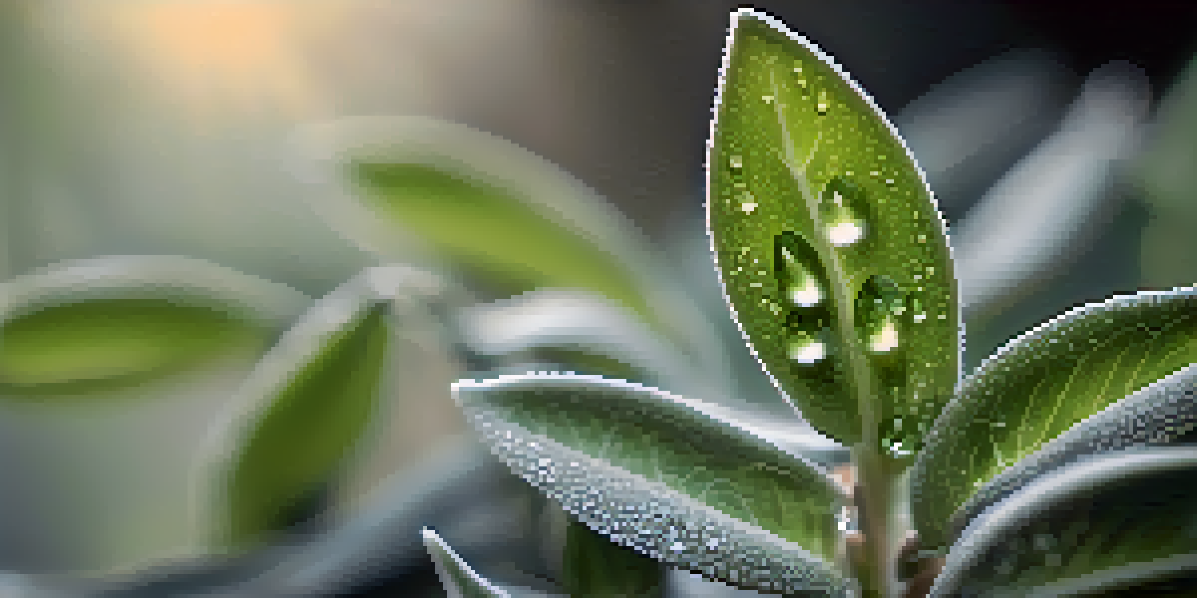 A close-up image of fresh sage leaves with soft gray-green colors, glistening with water droplets in warm sunlight.
