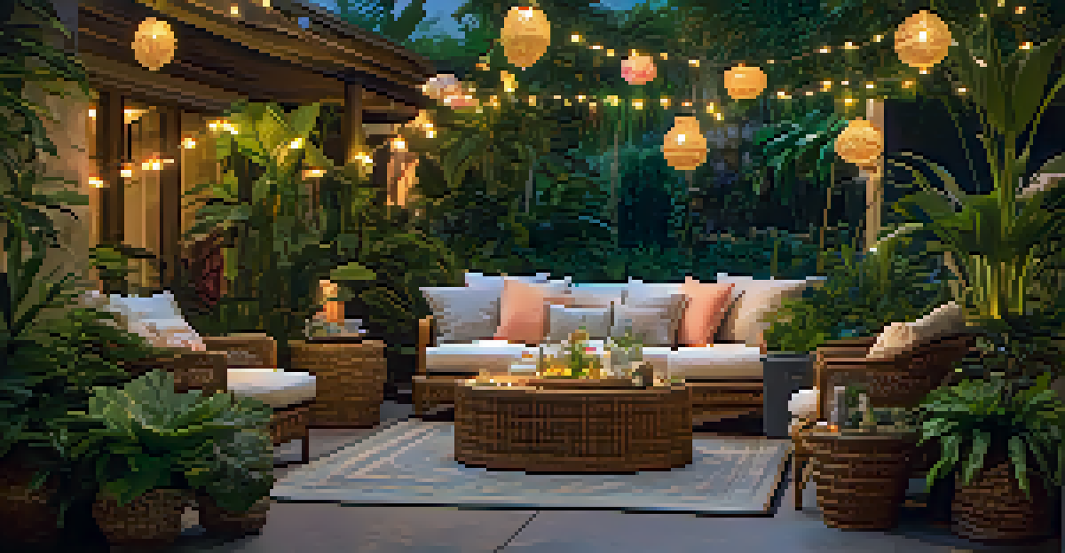 A tranquil outdoor lounge area in a tropical garden with wicker seating and soft lighting at dusk.