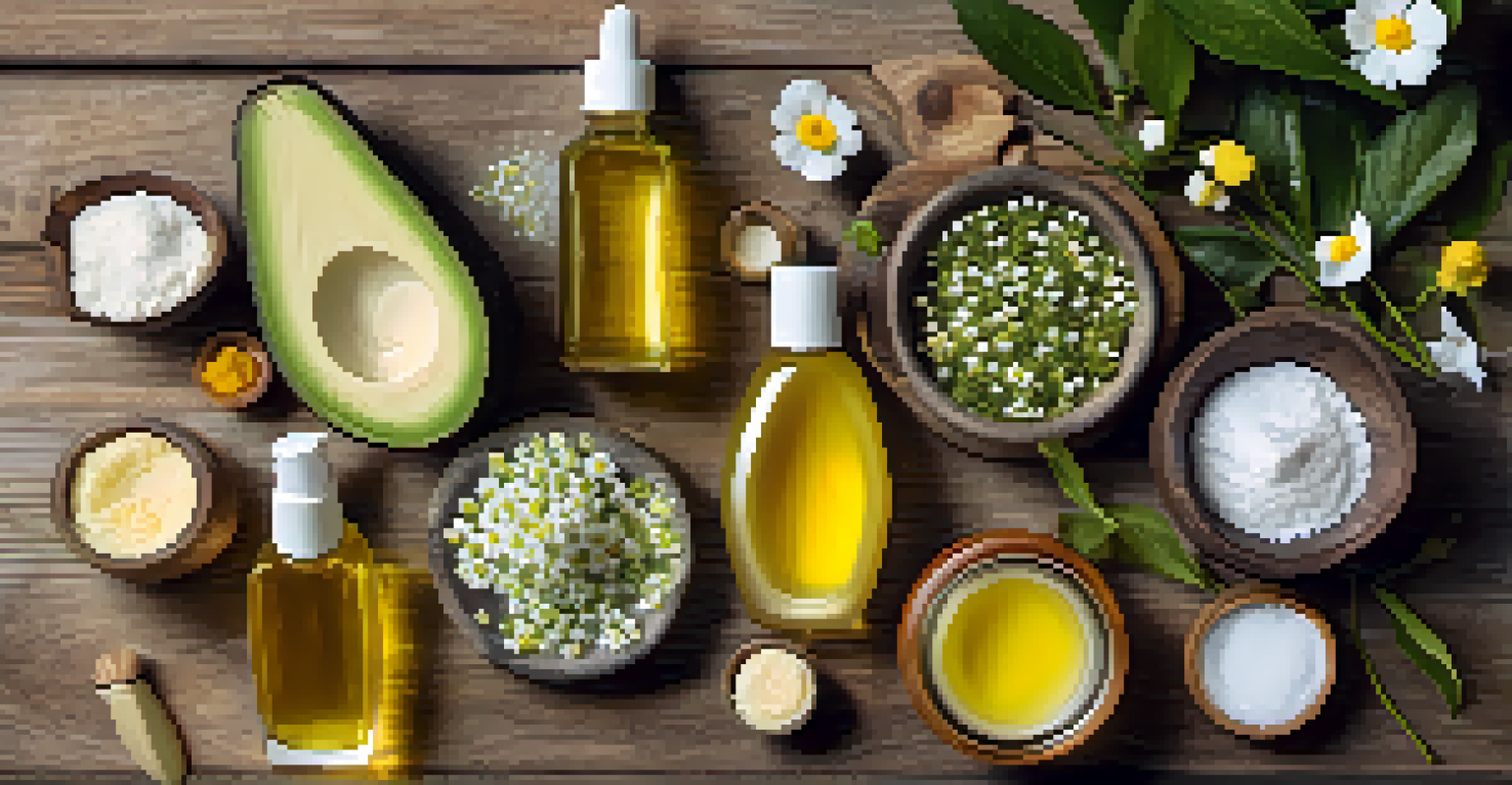 Flat lay of plant-based skincare ingredients like avocado oil and chamomile flowers on a rustic wooden table.