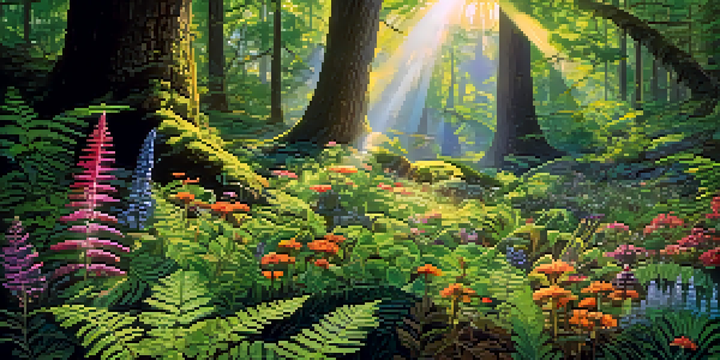 A colorful forest filled with different plants and flowers, with sunlight filtering through the leaves.