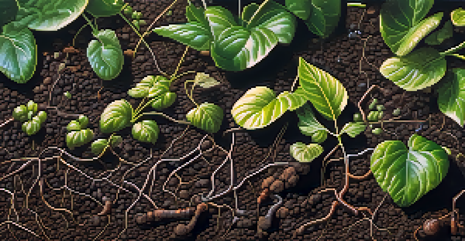 A close-up of rich soil with organic mulch and native plant roots, illuminated by sunlight, showcasing moisture retention.