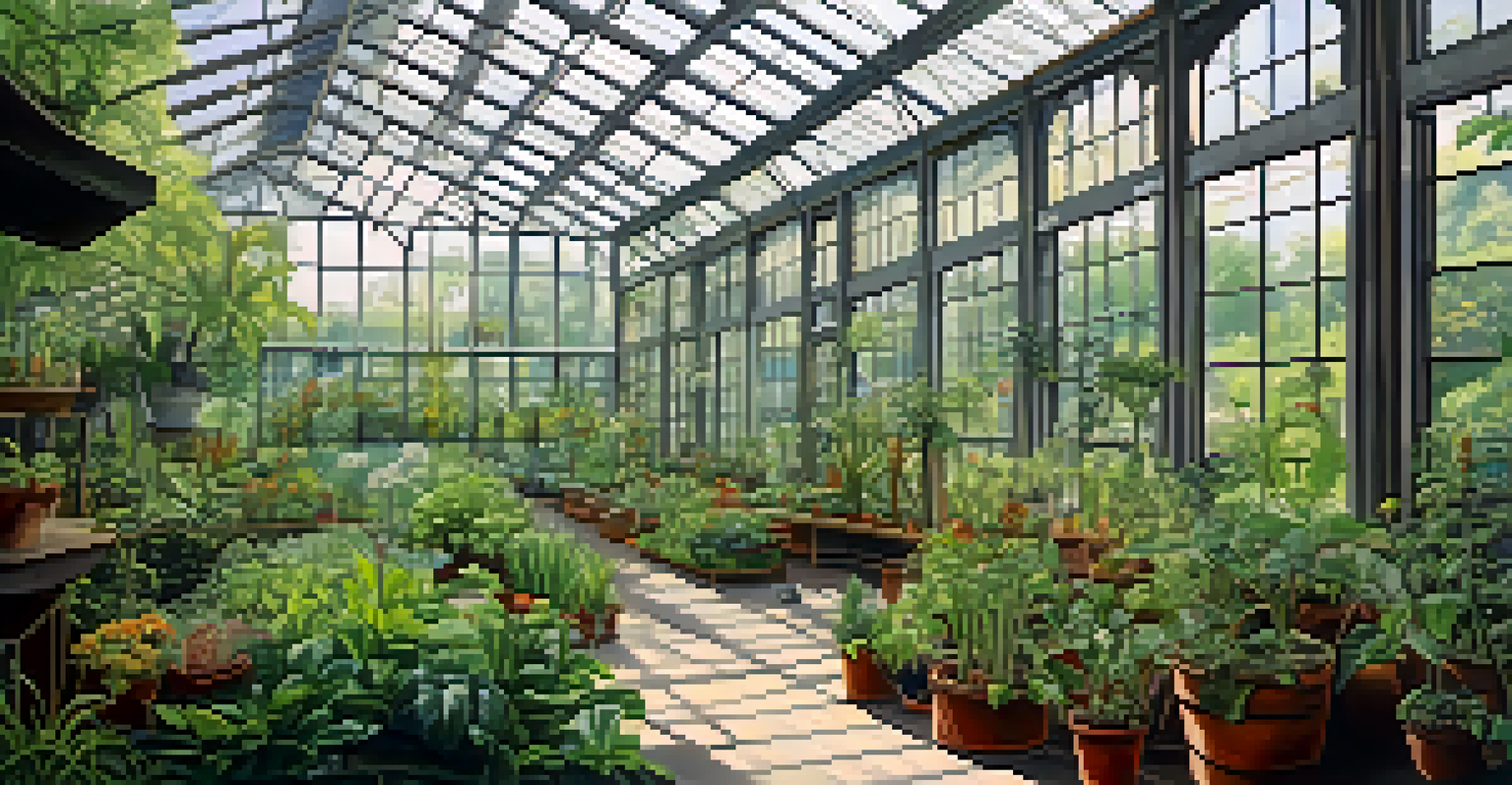 An indoor exhibition showcasing medicinal plants with labels, illuminated by natural light, with visitors observing.