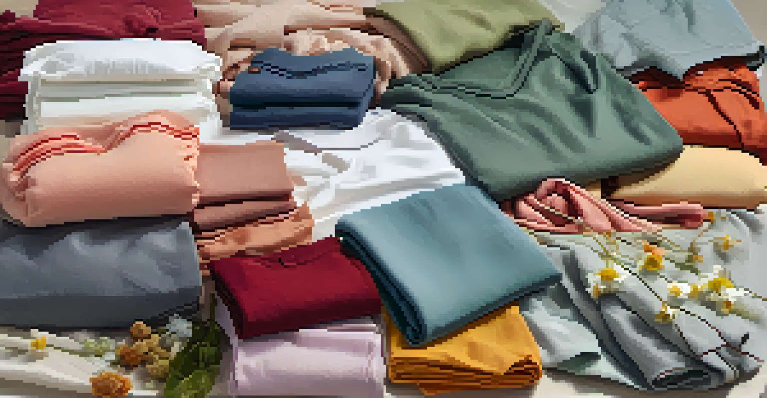 A flat lay of Tencel textiles including clothing and bed linens, arranged with natural elements like leaves and flowers.