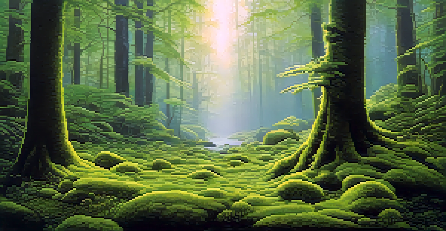 A lush forest floor covered in vibrant moss, with soft light filtering through trees.