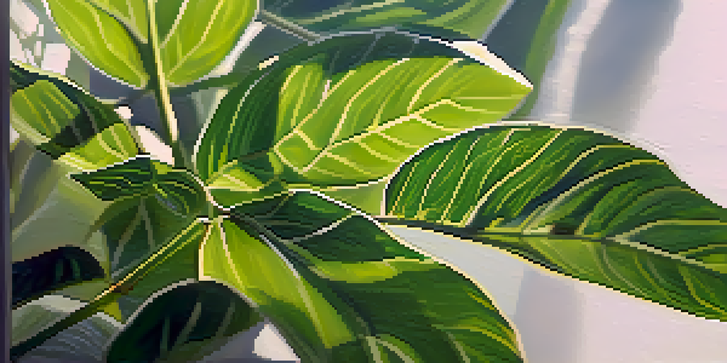 A healthy green plant with vibrant leaves under sunlight, showing detailed leaf textures and a blurred garden background.
