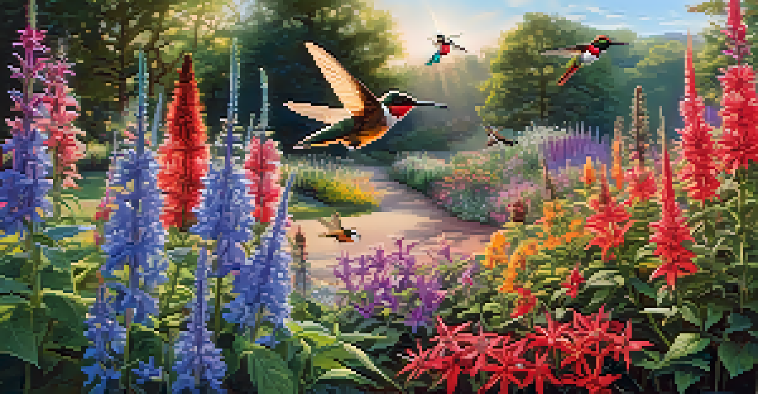 A garden filled with blooming native plants, with hummingbirds flying between the flowers under warm sunlight.