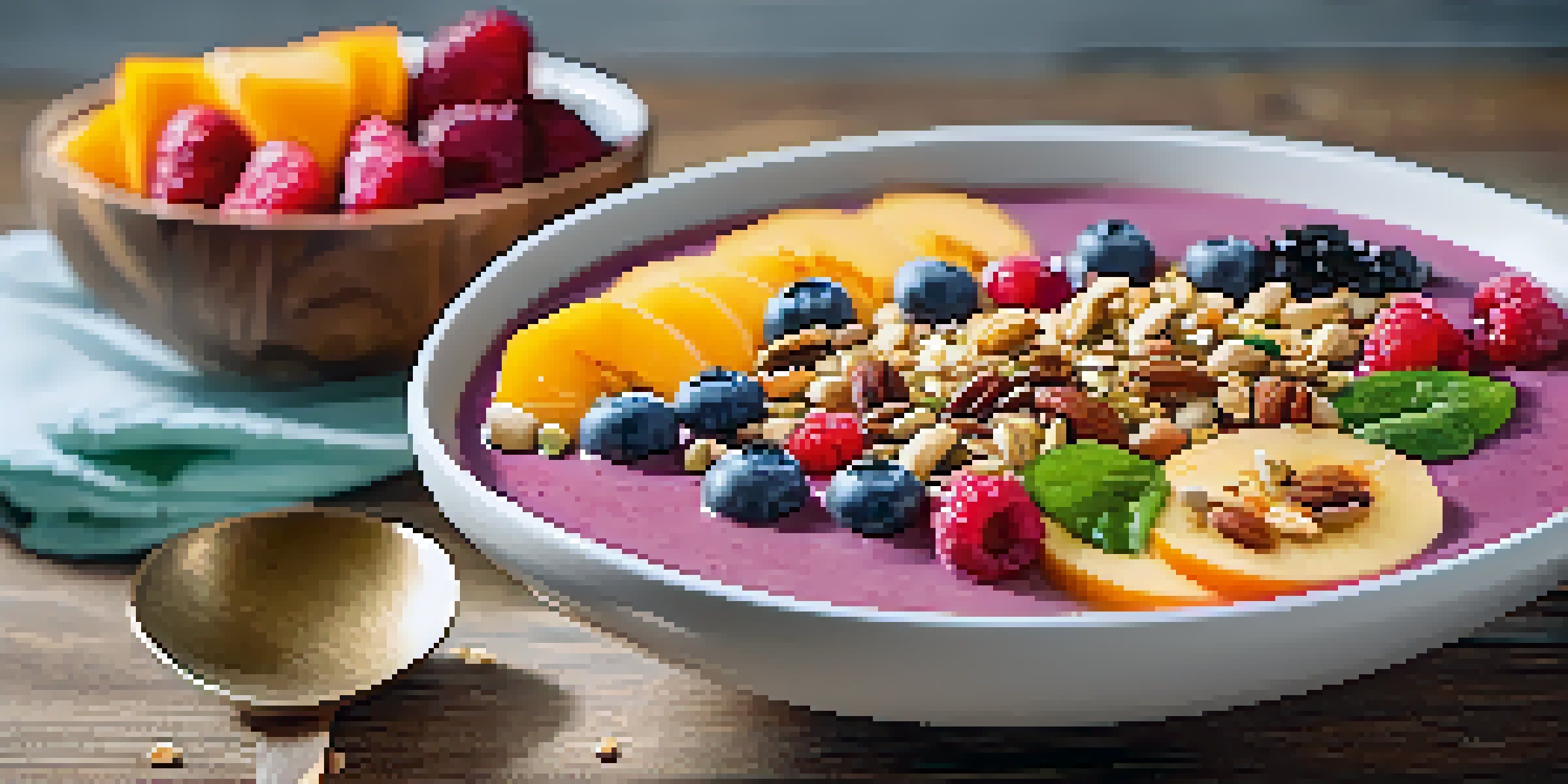 A colorful smoothie bowl with fruits, spinach, nuts, and granola on a wooden table, illuminated by natural light.