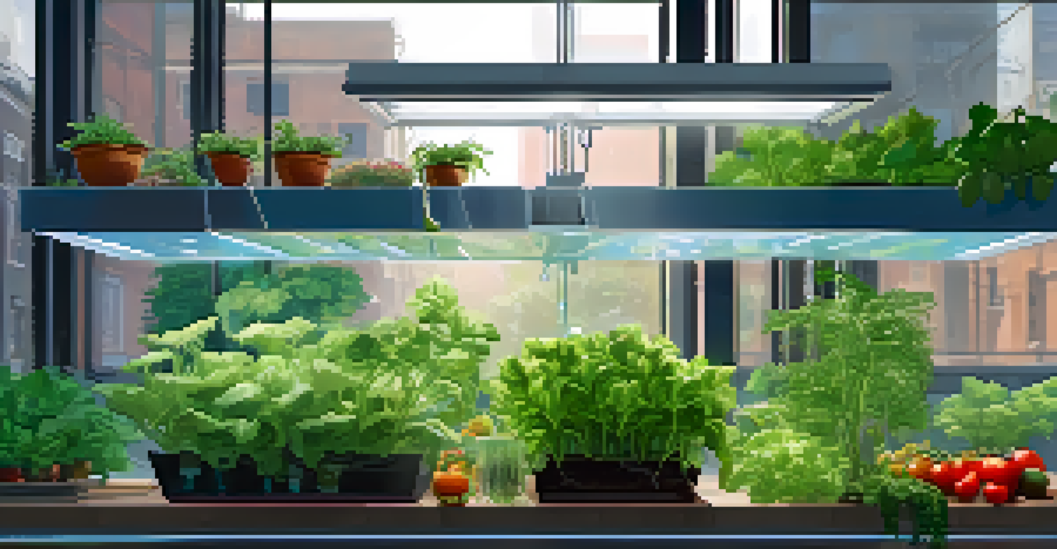 Urban aquaponics setup showcasing vegetables and fish tanks in a modern environment.