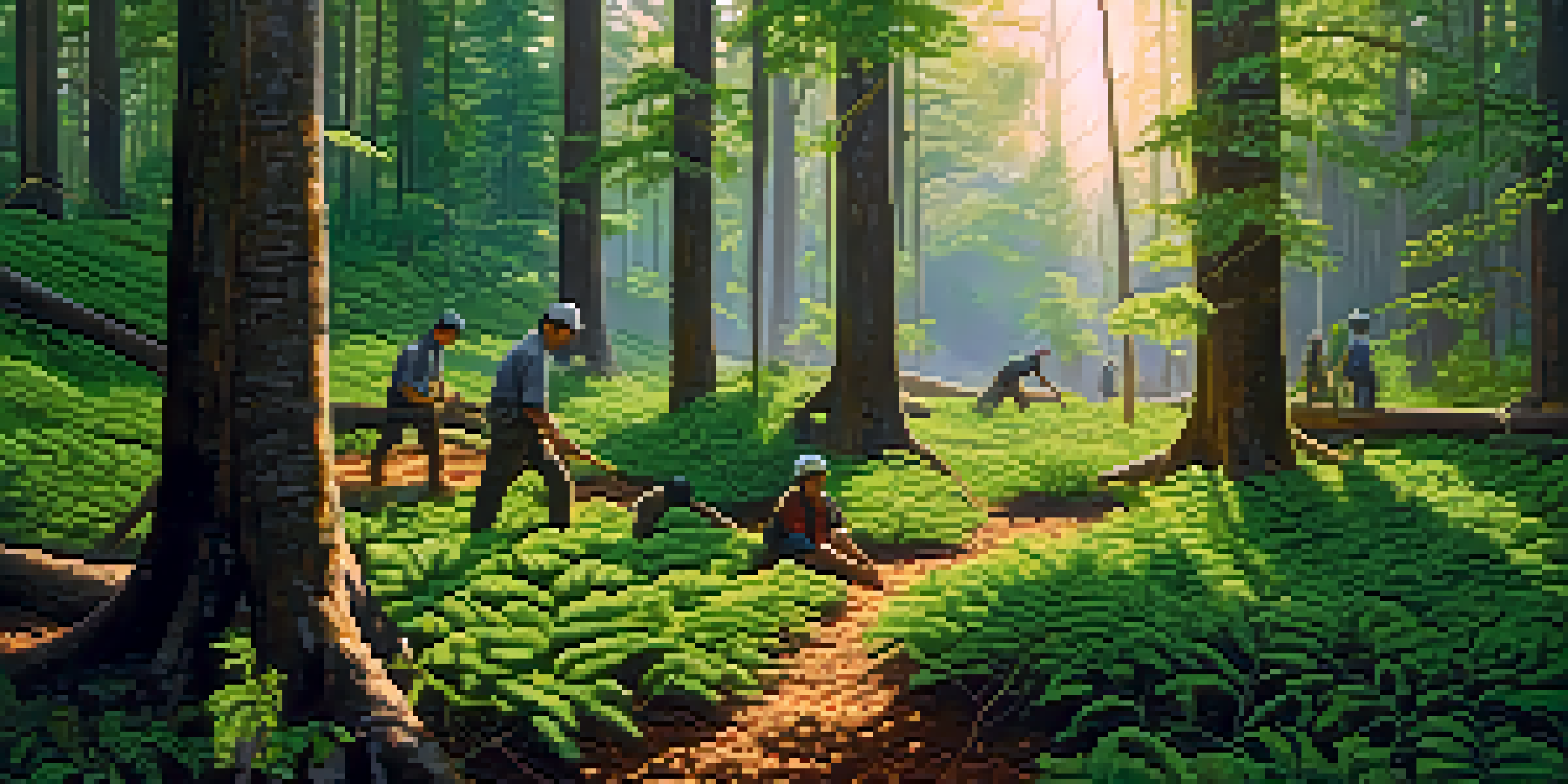 A vibrant forest scene with workers engaged in sustainable logging and planting new trees, illuminated by sunlight filtering through the canopy.
