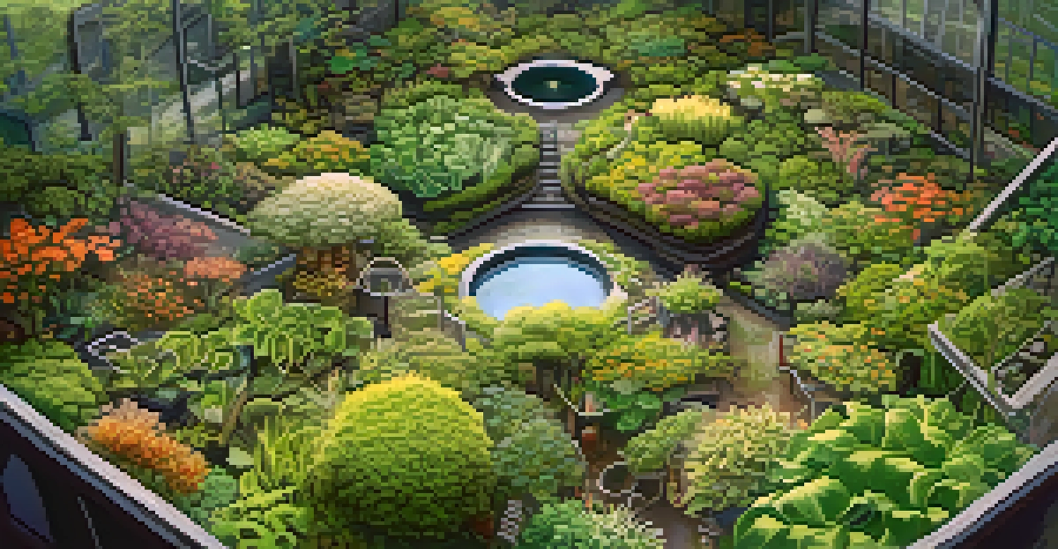 An overhead view of a vibrant garden supported by mycorrhizal fungi network beneath the soil.