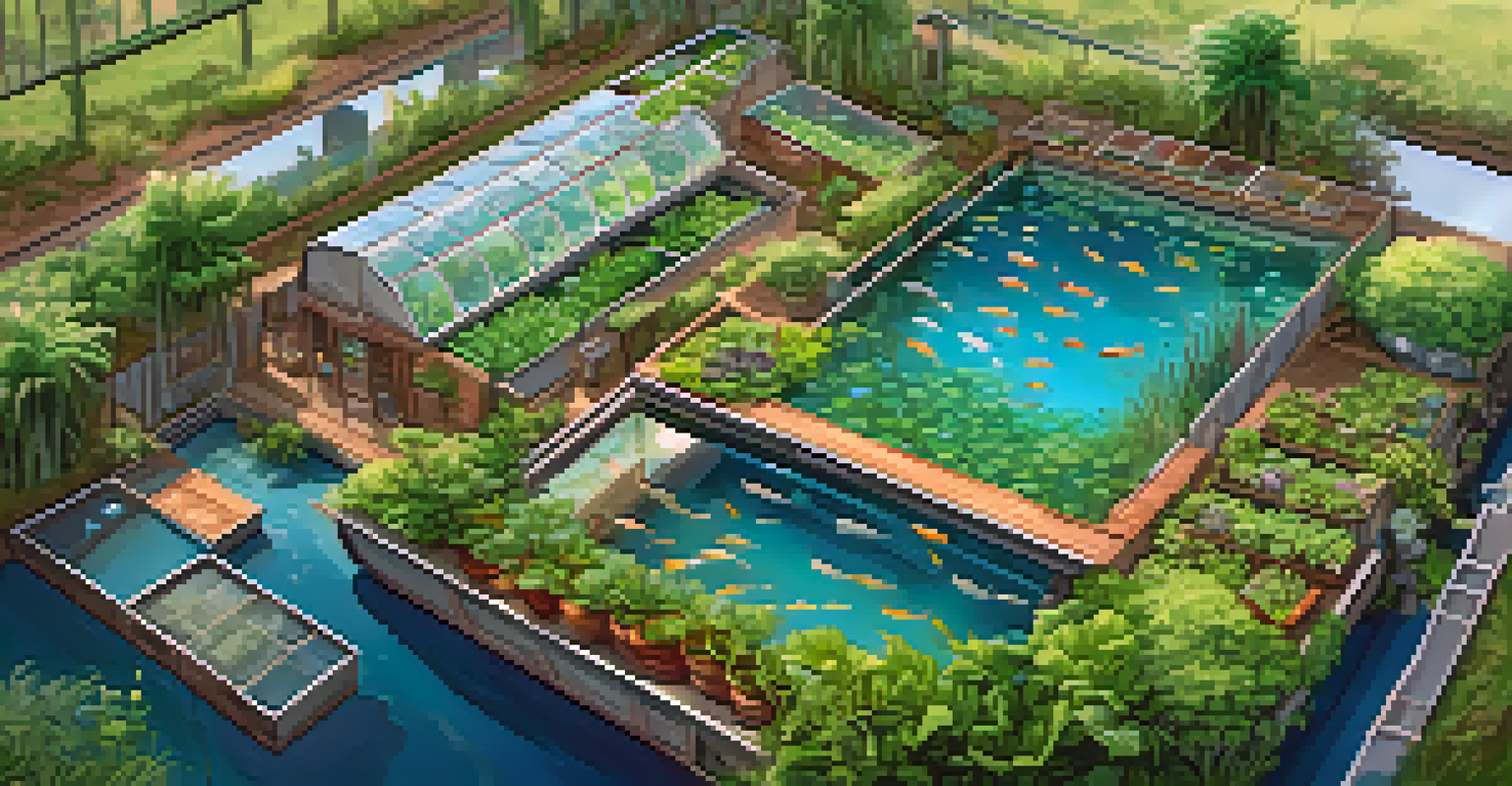 An aerial view of an organized aquaponics garden with plants and fish tanks, surrounded by greenery.
