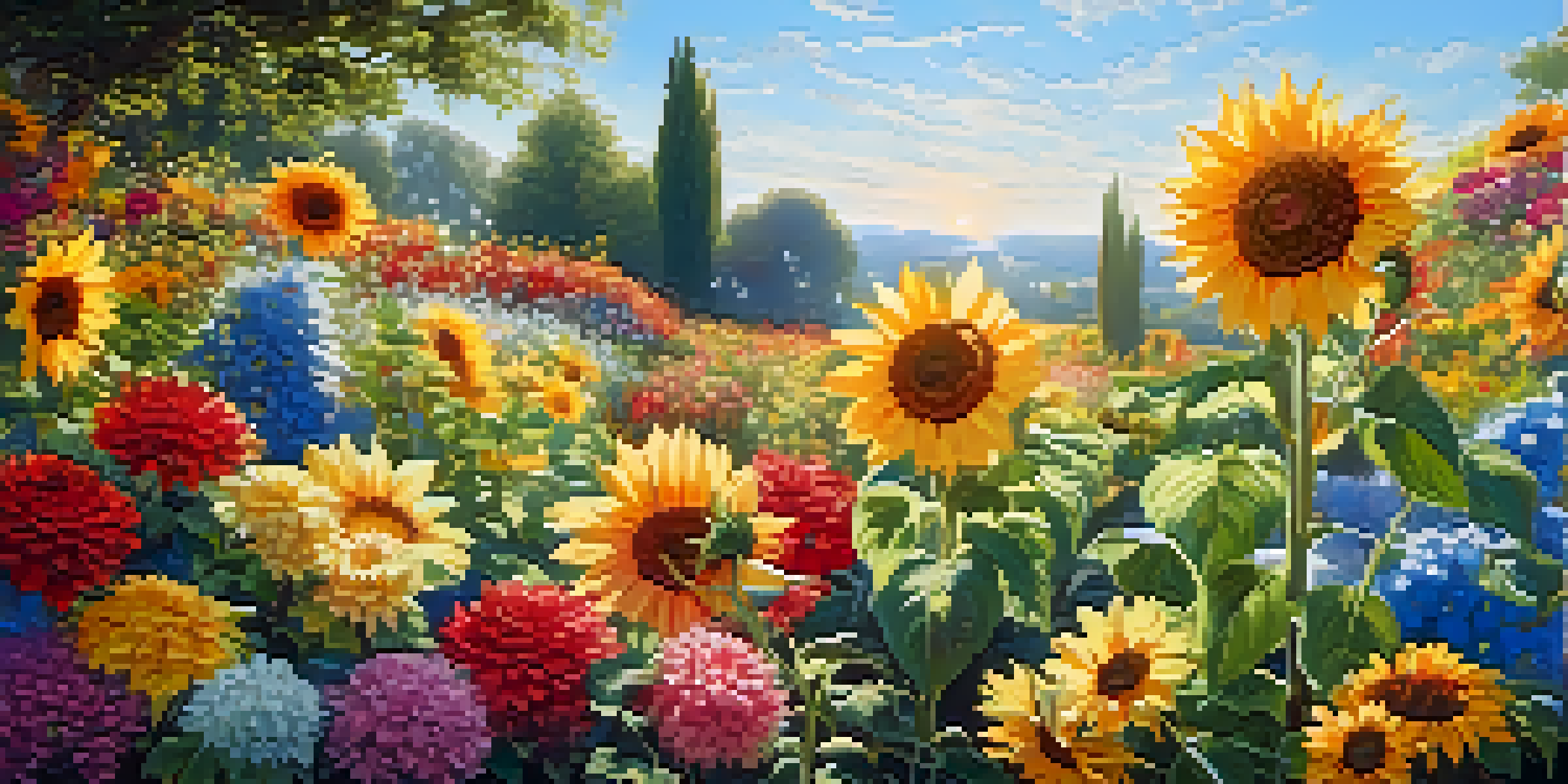 A colorful flower garden with different types of flowers, dew on petals, and sunlight filtering through leaves.