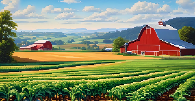 A colorful agricultural landscape with genetically modified crops, a blue sky, and a red barn in the background.