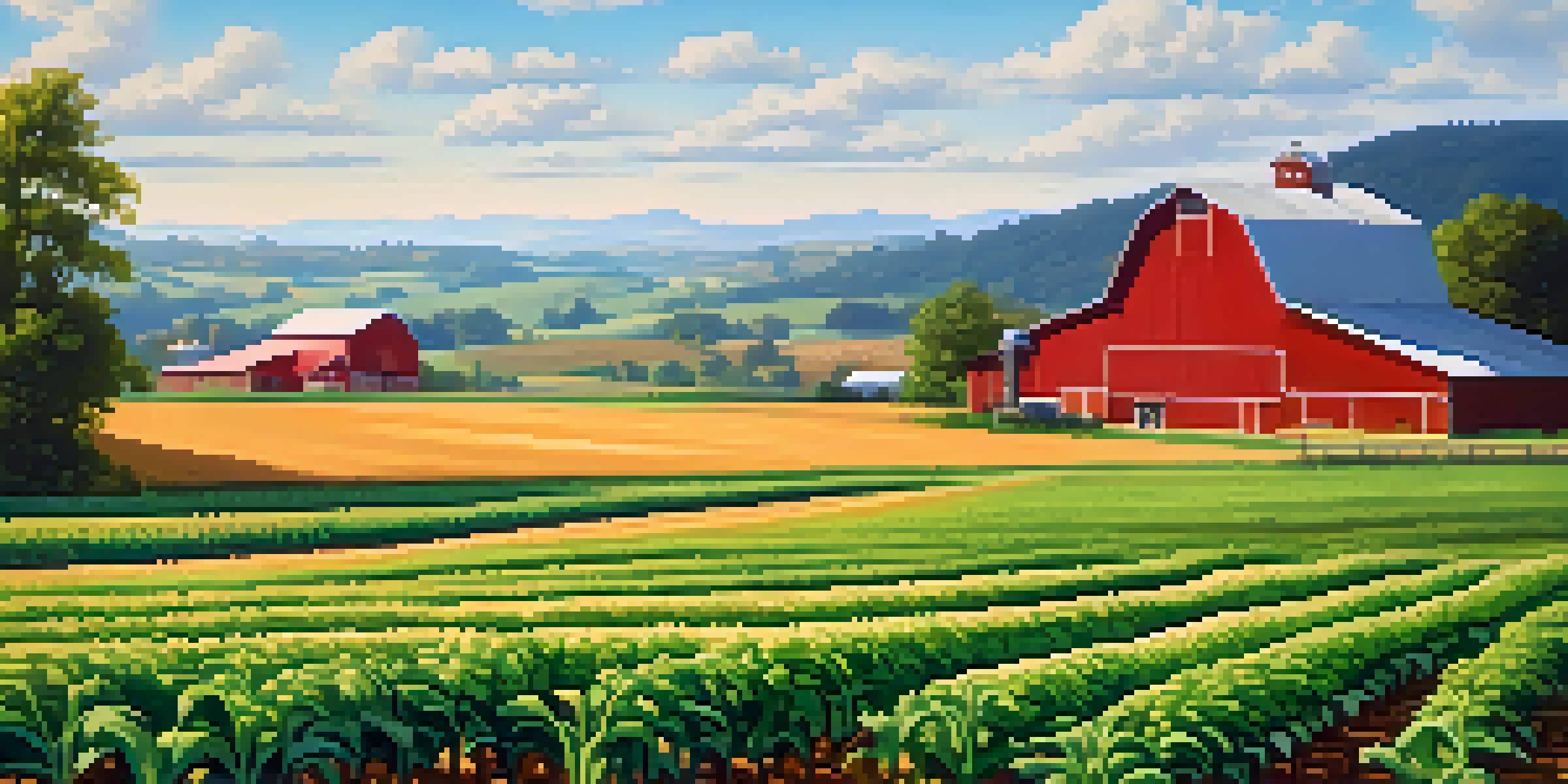 A colorful agricultural landscape with genetically modified crops, a blue sky, and a red barn in the background.