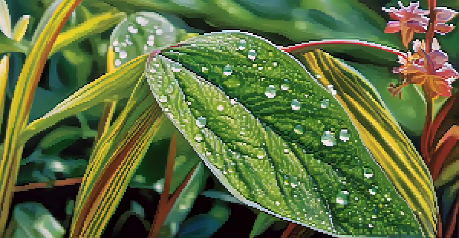 A close-up of indigenous plants showcasing their textures and colors, with morning dew glistening in the sunlight.