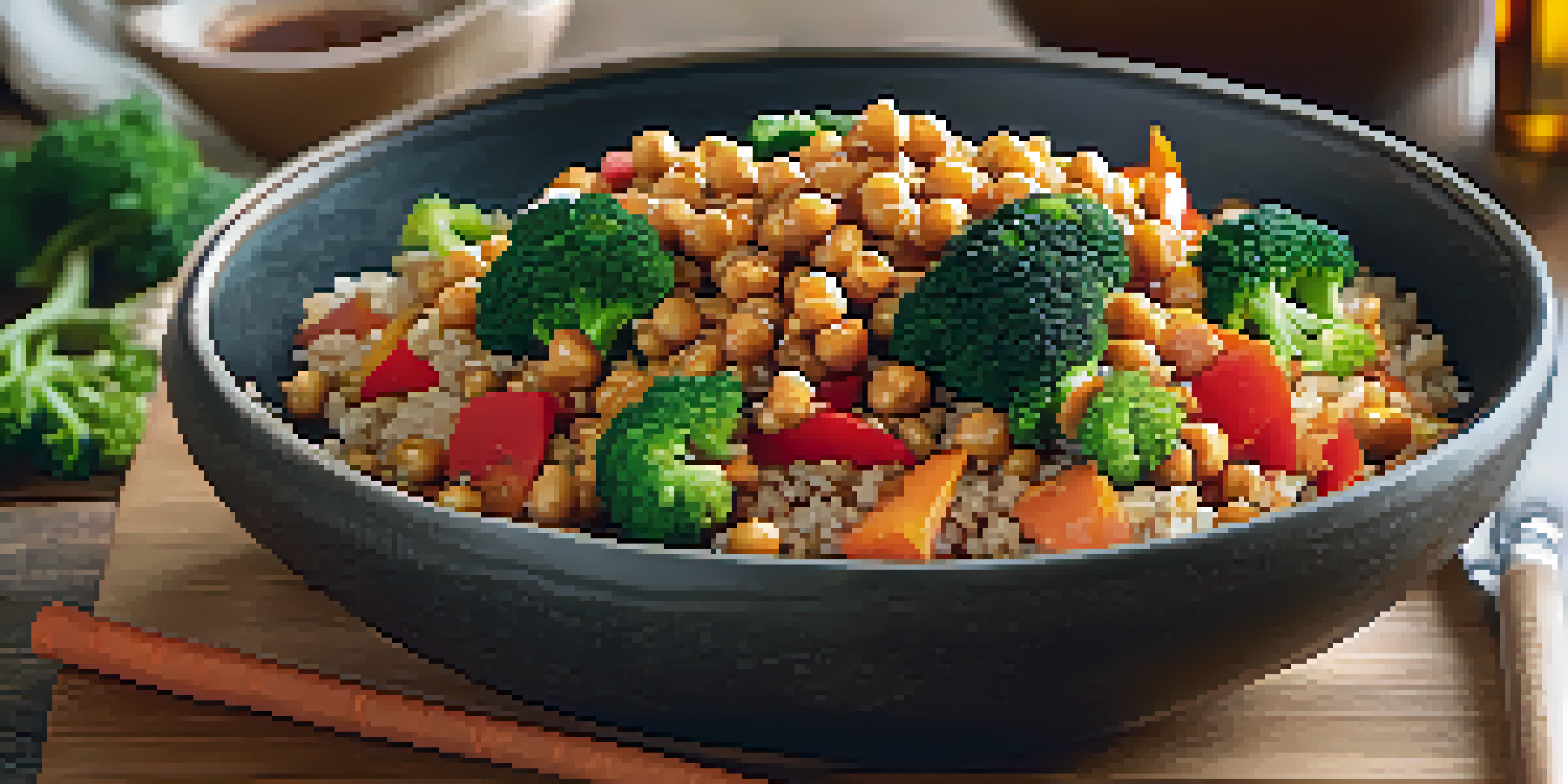 A colorful plant-based stir-fry with broccoli, bell peppers, and carrots on brown rice topped with chickpeas, served on a rustic wooden table with natural light.