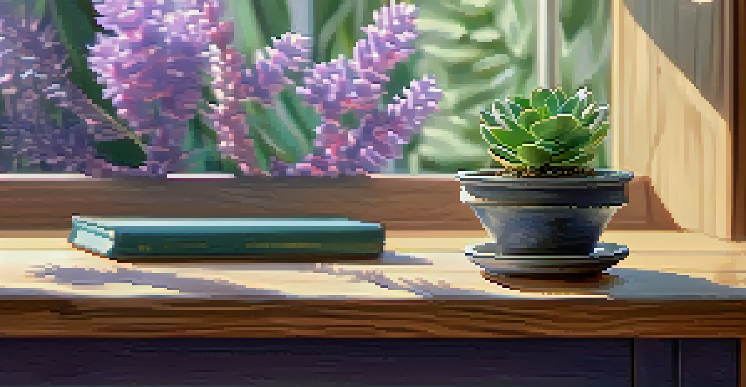A workspace with a small succulent and lavender plant on a wooden desk, softly lit for a calming effect.