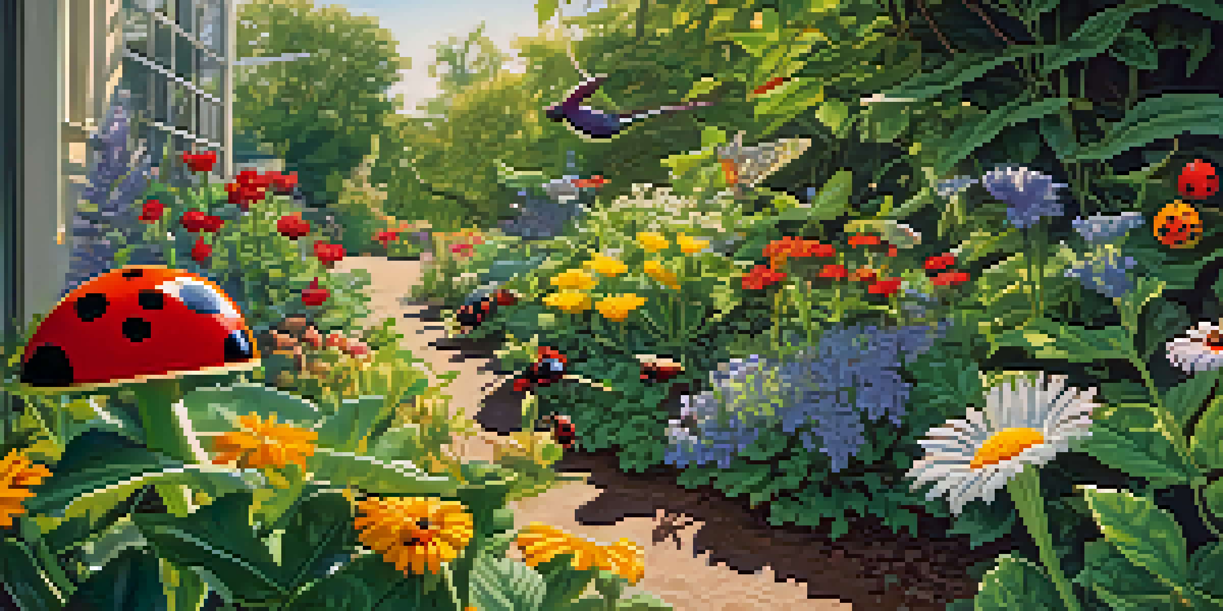 A colorful garden with flowers, ladybugs, and birds, emphasizing natural pest management.