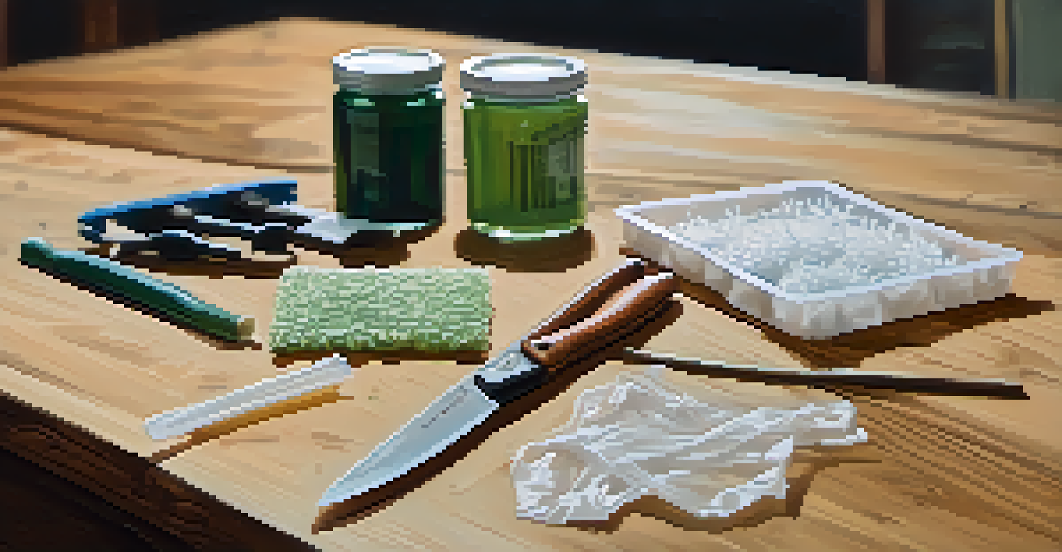 A workspace with tools for air layering including a knife, rooting hormone, and moss, arranged on a wooden surface.