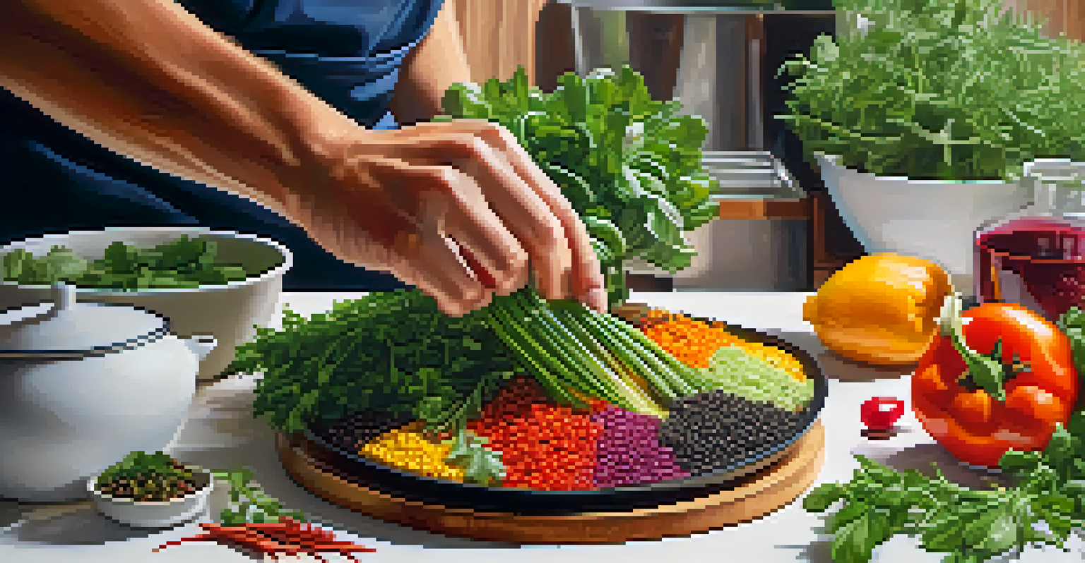 A chef's hands preparing a colorful plant-based dish in a modern kitchen, with fresh ingredients on a cutting board.