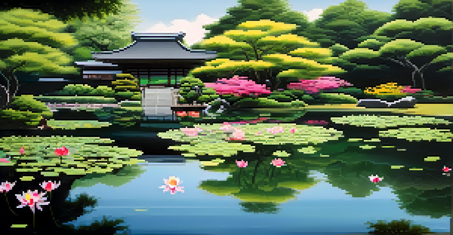 A Japanese garden with a pond full of blooming lotus flowers, surrounded by lush greenery and traditional architecture, bathed in soft sunlight.