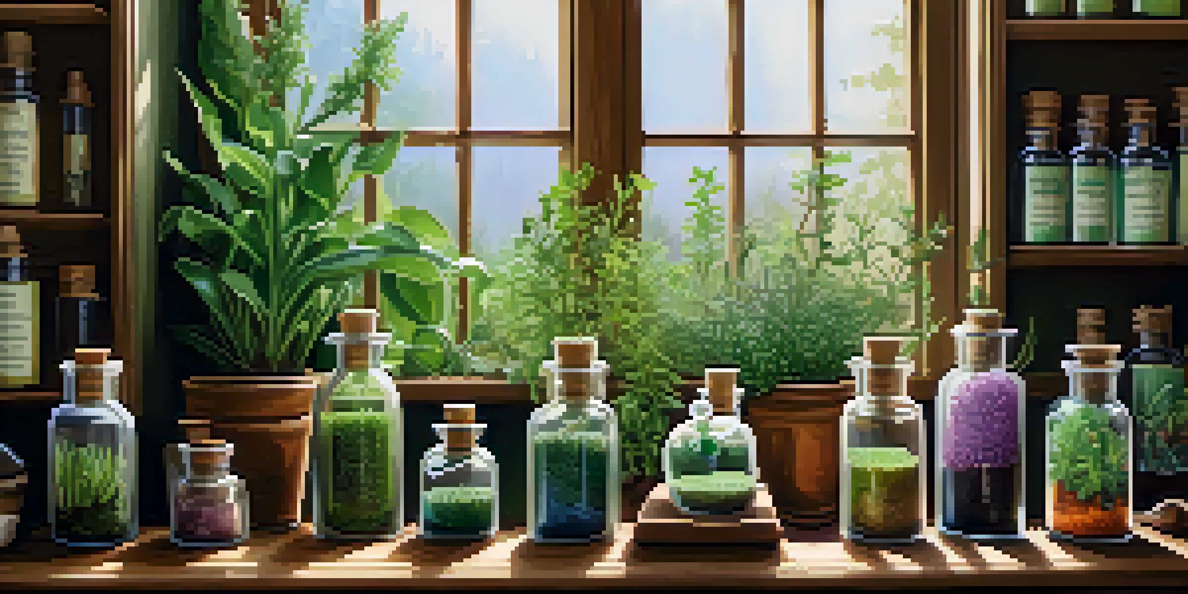 A tranquil herbal apothecary scene with glass vials of colorful homeopathic remedies on a wooden table, surrounded by potted plants and soft natural light.