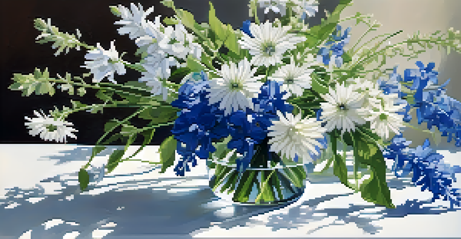 An asymmetrical bouquet with blue delphiniums, greenery, and white daisies in a glass vase on a white countertop, illuminated by natural light.