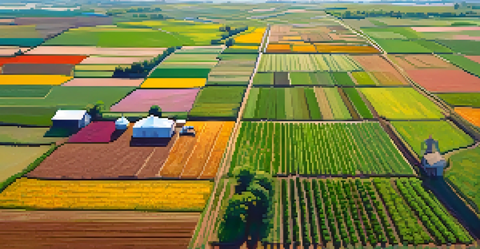 An aerial view of a large farm with rows of green crops and colorful wildflowers, with drones flying above and farmers working in the fields.