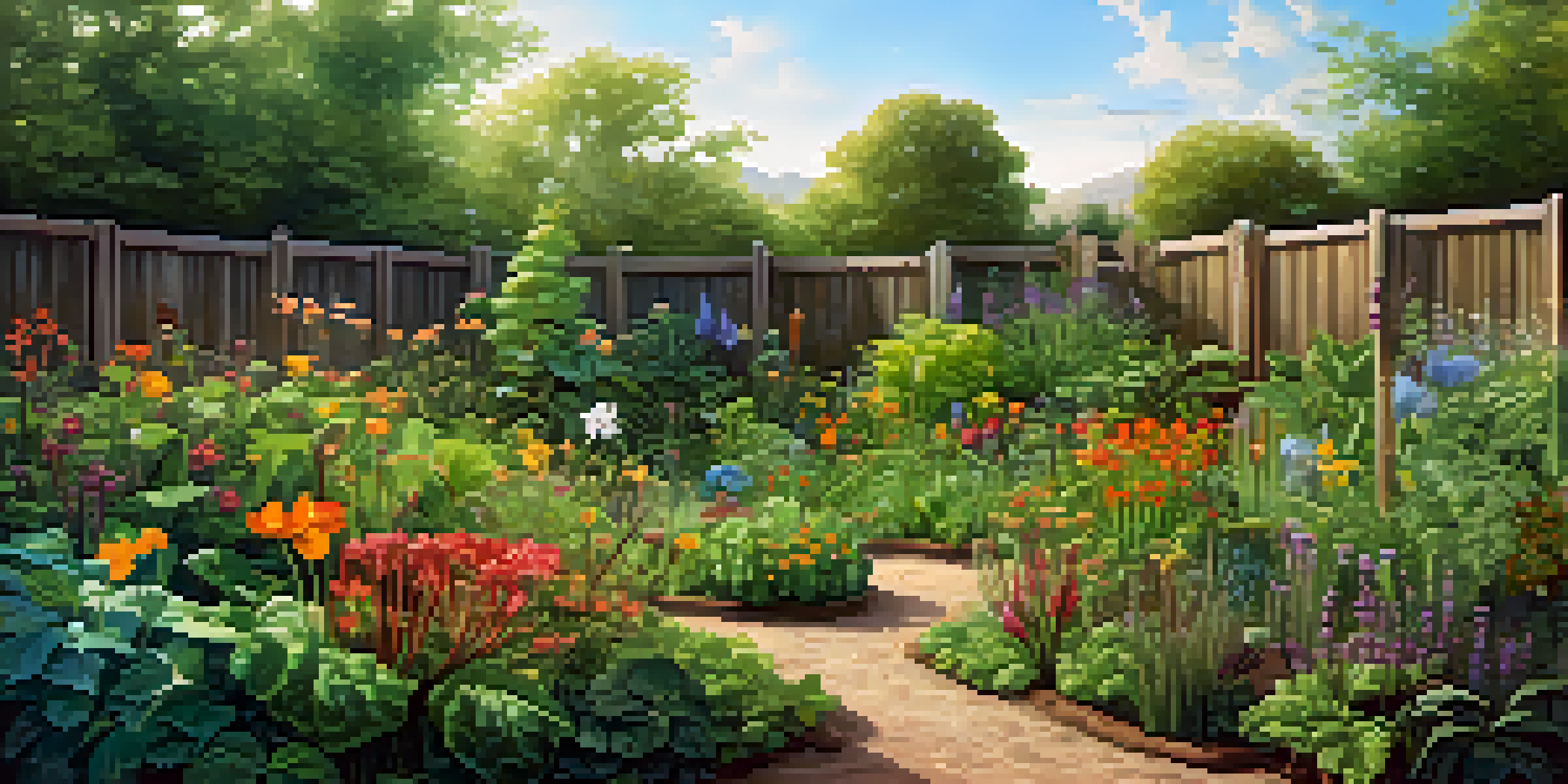 A vibrant permaculture garden filled with various plants and flowers, depicting healthy soil and visible earthworms under soft sunlight.