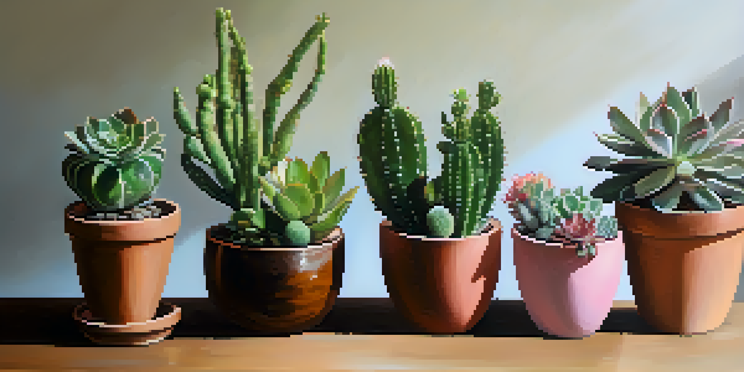 A colorful arrangement of succulent and herb pots on a wooden table, bathed in natural light.