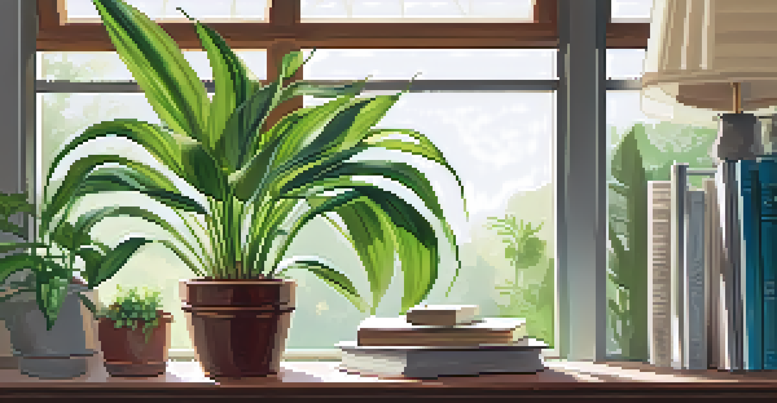 Close-up of a spider plant and peace lily on a sunlit windowsill, with a cozy indoor background.