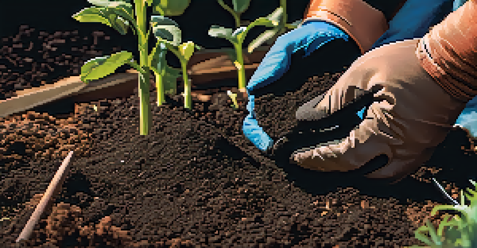 A gardener testing soil with a soil test kit and surrounded by organic amendments like compost.