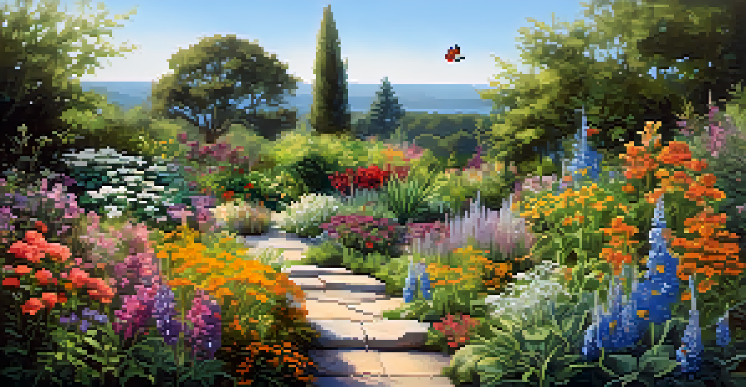 A vibrant summer garden filled with diverse native plants and butterflies.