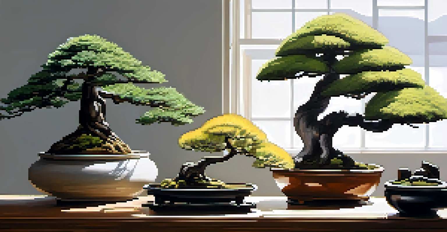 A collection of various bonsai styles on a wooden table, highlighting their unique shapes and designs in natural light.