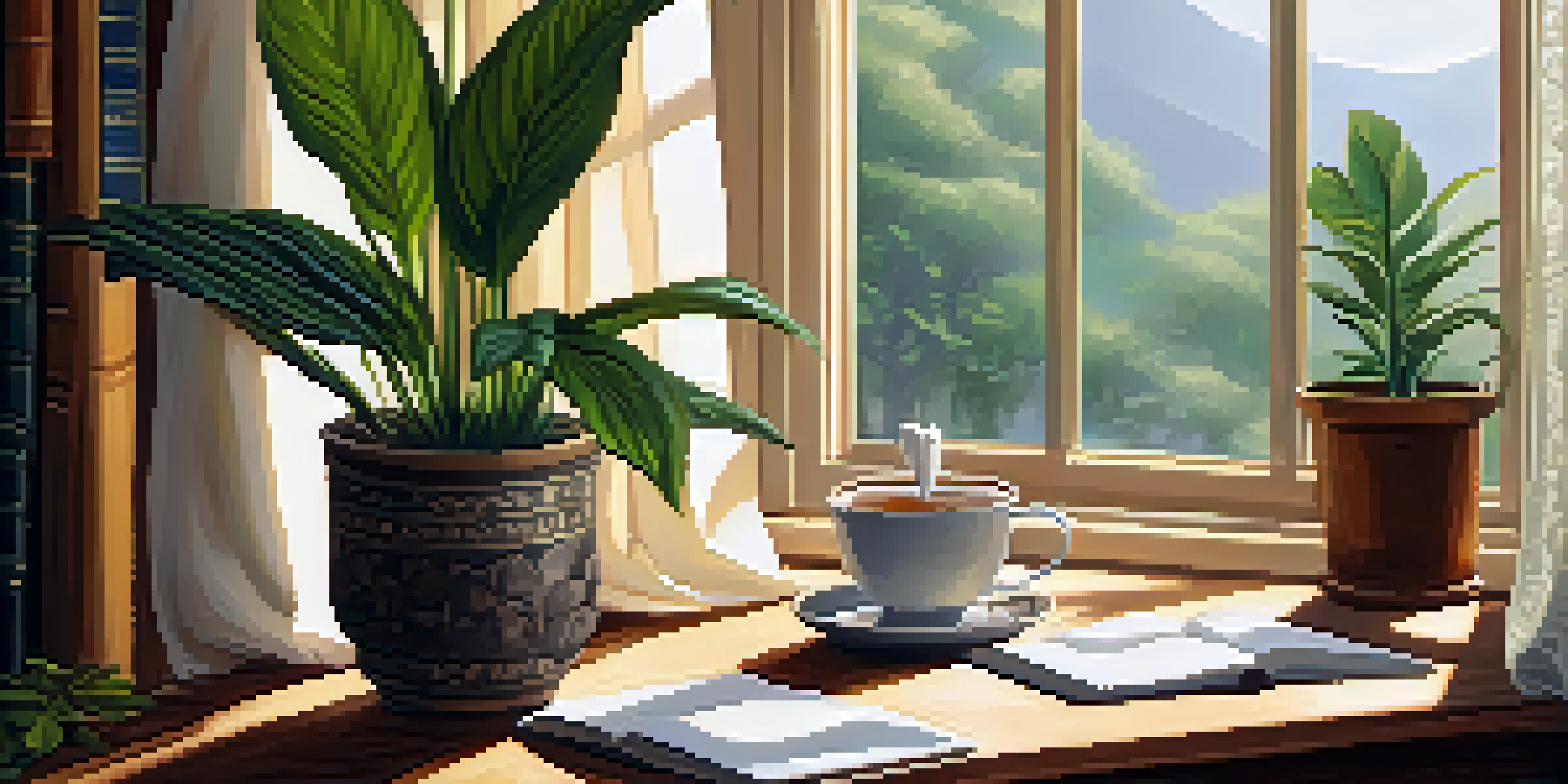 A small desk with a peace lily and snake plant, bathed in soft sunlight, surrounded by books and a cup of herbal tea.
