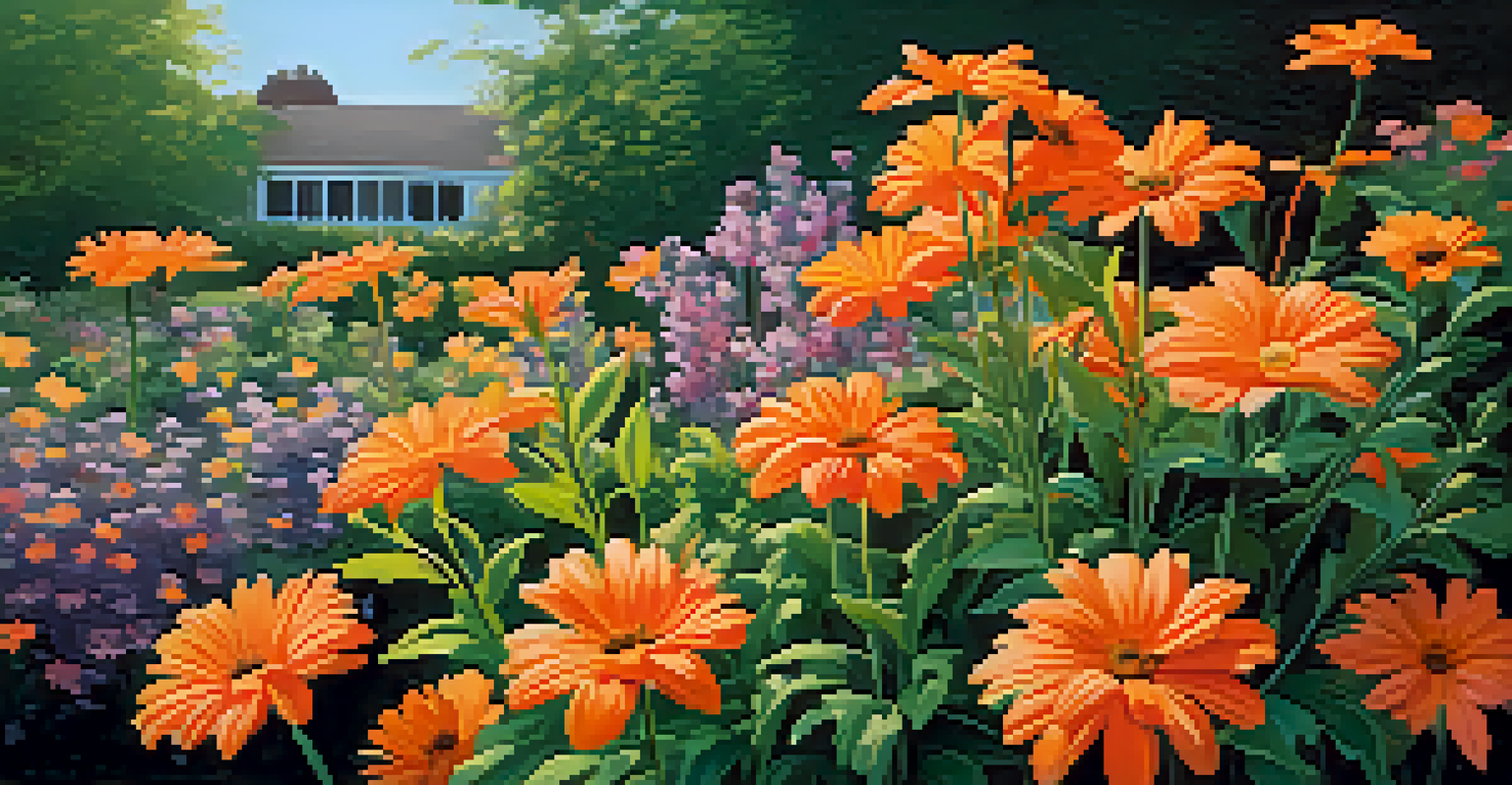 An artistic arrangement of colorful flowers in a garden, with bright orange flowers and deep green leaves, against a softly blurred pastel background.