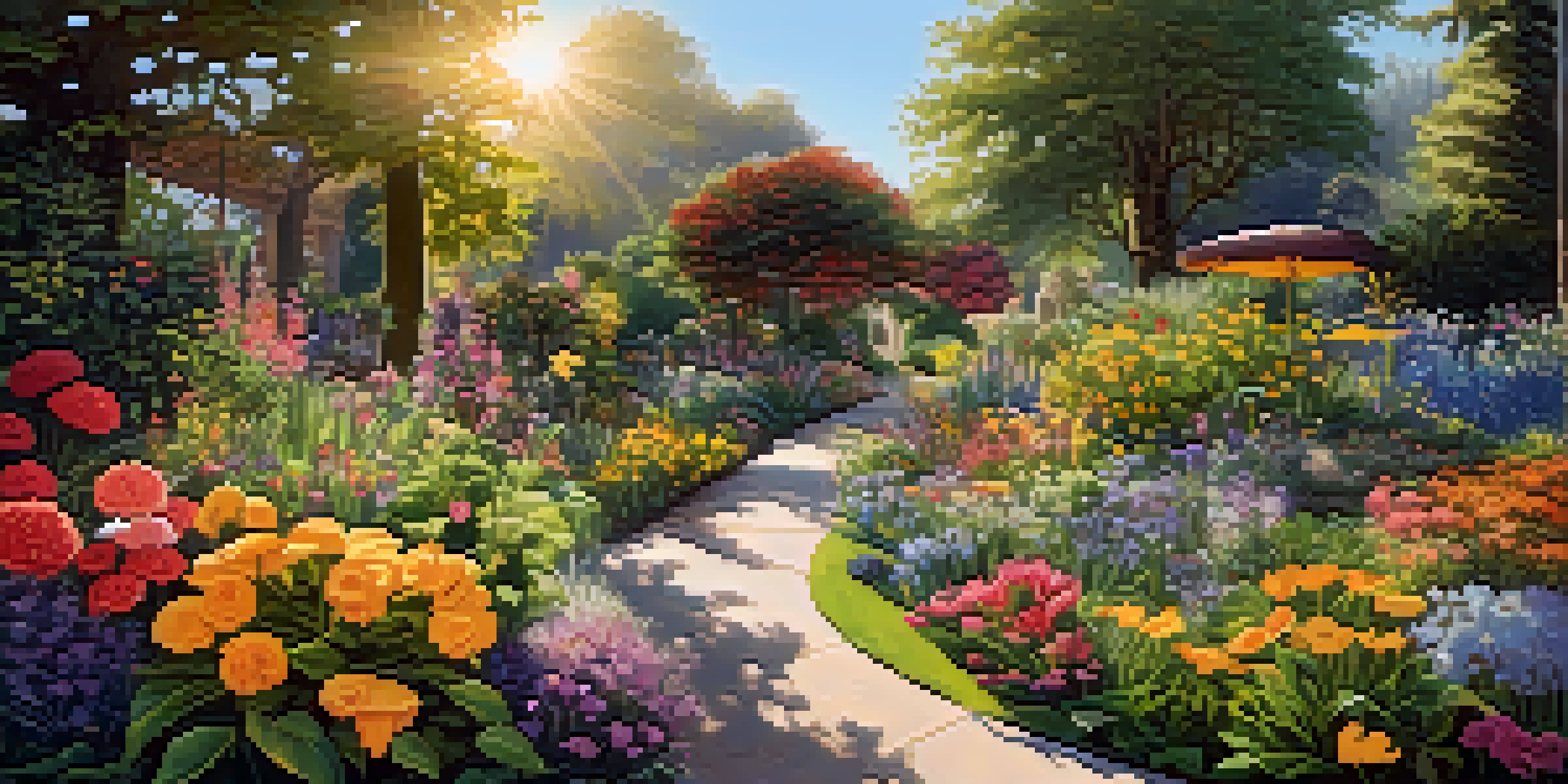 A colorful garden with various blooming flowers attracting bees and butterflies, with sunlight filtering through the leaves.