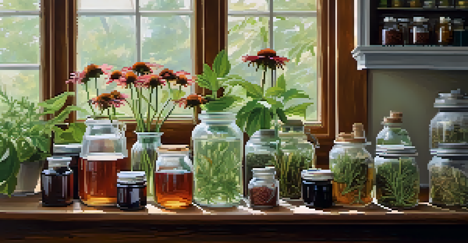 An herbalist's workspace with Echinacea tinctures, capsules, and fresh plants, surrounded by jars and herbs in natural light.
