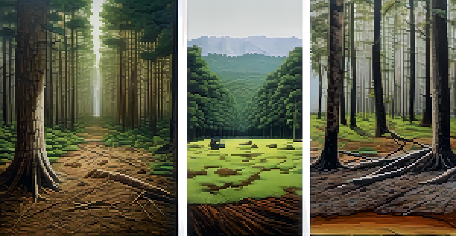 A split image showing a healthy forest on one side and a deforested area on the other, emphasizing the stark difference.